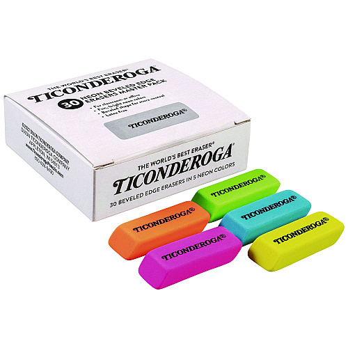 Ticonderoga Neon Wedged Block Erasers, For Pencil Marks, Slanted-Edge Rectangular Block, Medium, Assorted Colors, 30/Box (X38930)