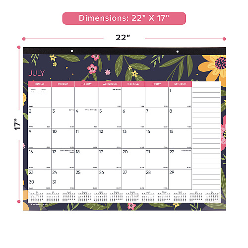 Blueline Academic 18-Month Desk Pad Calendar, Floral Artwork, 22 x 17, White/Multicolor Sheets, Black Headband, July 2025 to Dec 2026 (CA1716BD)
