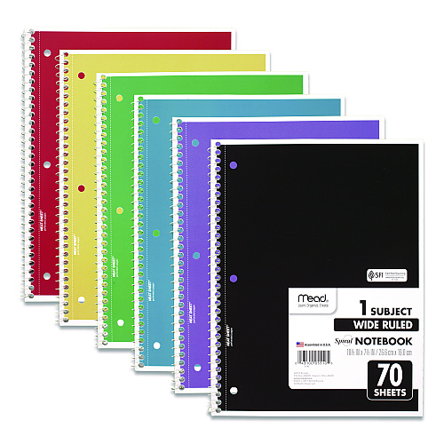 Mead Spiral Notebook, 3-Hole Punched, 1-Subject, Wide/Legal Rule, Randomly Assorted Cover Color, (70) 10.5 x 7.5 Sheets (05510)