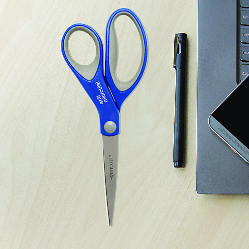 Westcott Scissors with Antimicrobial Protection, 8" Long, 3.25" Cut Length, Straight Blue/Gray Handle, 3/Pack (17837)