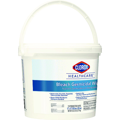 Clorox Healthcare Bleach Germicidal Wipes, 1-Ply, 12 x 12, Unscented, White, 110/Bucket (30358)