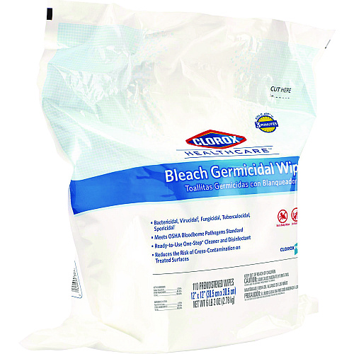 Clorox Healthcare Bleach Germicidal Wipes, 1-Ply, 12 x 12, Unscented, White, 110/Bag (30359)