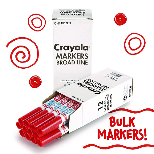 Crayola Broad Line Washable Markers, Broad Bullet Tip, Red, 12/Box (587800038)
