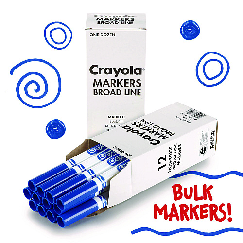 Crayola Broad Line Washable Markers, Broad Bullet Tip, Blue, 12/Box (587800042)