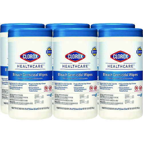Clorox Healthcare Bleach Germicidal Wipes, 1-Ply, 6 x 5, Unscented, White, 150/Canister, 6 Canisters/Carton (30577CT)