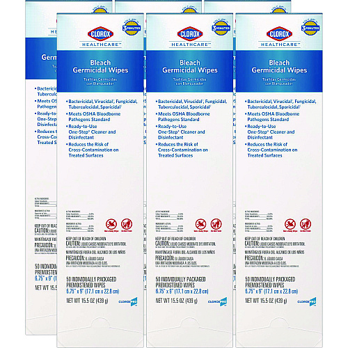 Clorox Healthcare Bleach Germicidal Wipes, 1-Ply, 6.75 x 9, Unscented, White, 50/Box, 6 Boxes/Carton (31424)