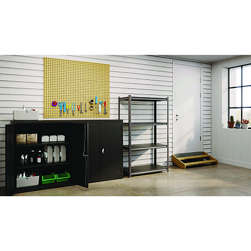 Alera Steel Shelving Unit with Laminate Shelves, Four-Shelf, 36w x 18d x 60h, Steel, Black/Gun Metal Gray (ALESU601836L)