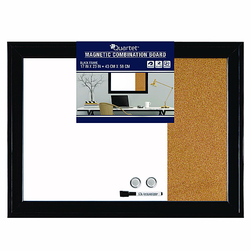 Quartet Home Decor Magnetic Combo Dry Erase Board with Cork Board on Side, 23 x 17, Tan/White Surface, Black Wood Frame (79283)