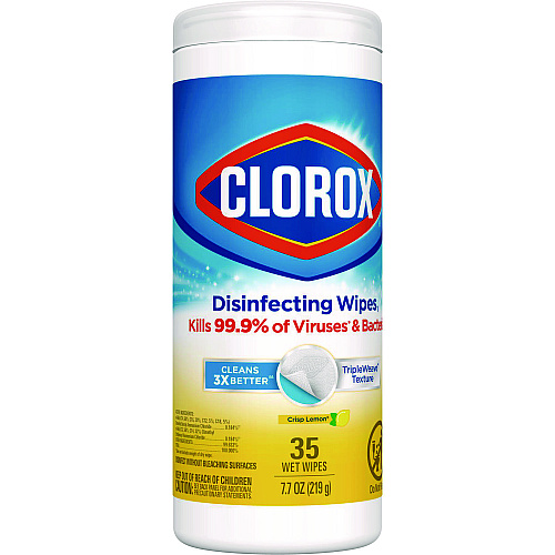 Clorox Disinfecting Wipes, 1-Ply, 7 x 8, Crisp Lemon, White, 35/Canister, 12 Canisters/Carton (01594CT)