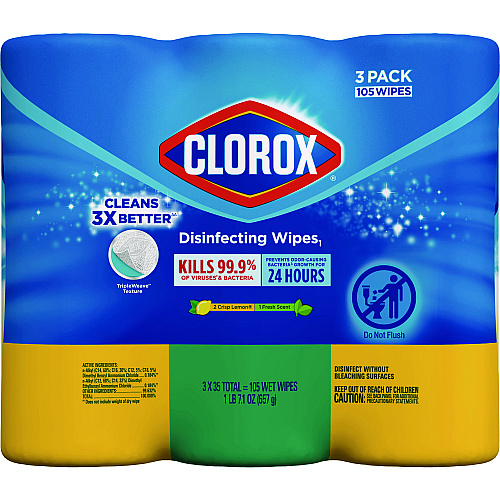 Clorox Disinfecting Wipes, 1-Ply, 7 x 8, Fresh Scent/Citrus Blend, White, 35/Canister, 3 Canisters/Pack (30112)