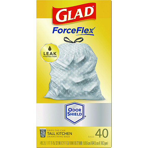 Glad ForceFlex Tall Kitchen Drawstring Trash Bags, 13 gal, 23.75" x 24.88", White, 240/Carton (79008)