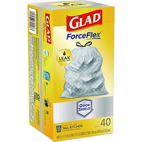 Glad ForceFlex Tall Kitchen Drawstring Trash Bags, 13 gal, 23.75" x 24.88", White, 240/Carton (79008)