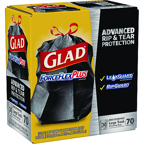 Glad ForceFlexPlus Drawstring Large Trash Bags, 30 gal, 1.05 mil, 30" x 32", Black, 70/Box (70358)