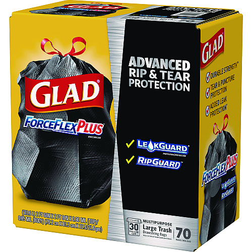 Glad ForceFlexPlus Drawstring Large Trash Bags, 30 gal, 1.05 mil, 30" x 32", Black, 70/Box (70358)