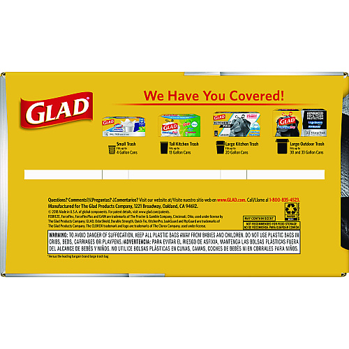 Glad ForceFlexPlus Drawstring Large Trash Bags, 30 gal, 1.05 mil, 30" x 32", Black, 70/Box (70358)