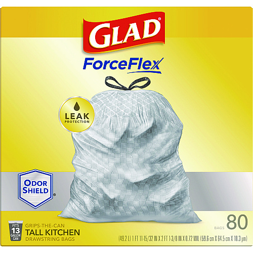 Glad ForceFlex Tall Kitchen Drawstring Trash Bags, 13 gal, 23.75" x 24.88", White, 240/Carton (79009)