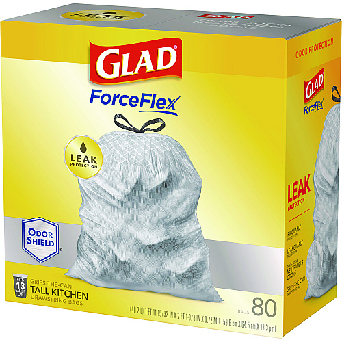 Glad ForceFlex Tall Kitchen Drawstring Trash Bags, 13 gal, 23.75" x 24.88", White, 240/Carton (79009)