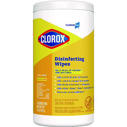 Clorox Disinfecting Wipes, 1-Ply, 7 x 8, Lemon Fresh, White, 75/Canister, 6/Carton (15948CT)