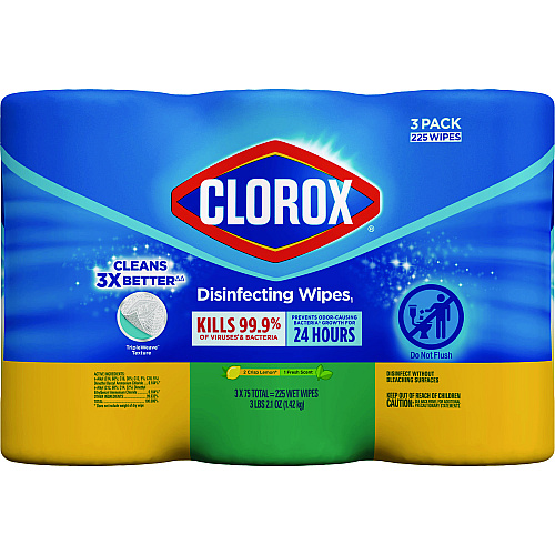 Clorox Disinfecting Wipes, 1-Ply, 7 x 8, Fresh Scent/Citrus Blend, White, 75/Canister, 3 Canisters/Pack (30208PK)