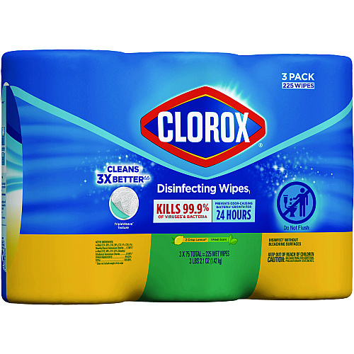 Clorox Disinfecting Wipes, 1-Ply, 7 x 8, Fresh Scent/Citrus Blend, White, 75/Canister, 3 Canisters/Pack (30208PK)