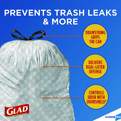 Glad CloroxPro ForceFlex Tall Kitchen Drawstring Trash Bags, 13 gal, 23.75" x 24.88", Gray, 100/Box (70427)