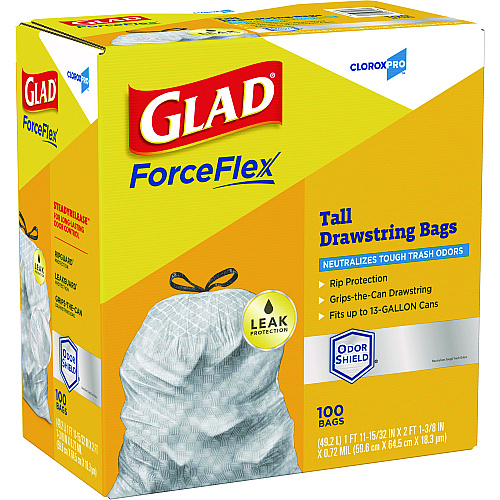 Glad CloroxPro ForceFlex Tall Kitchen Drawstring Trash Bags, 13 gal, 23.75" x 24.88", Gray, 100/Box (70427)