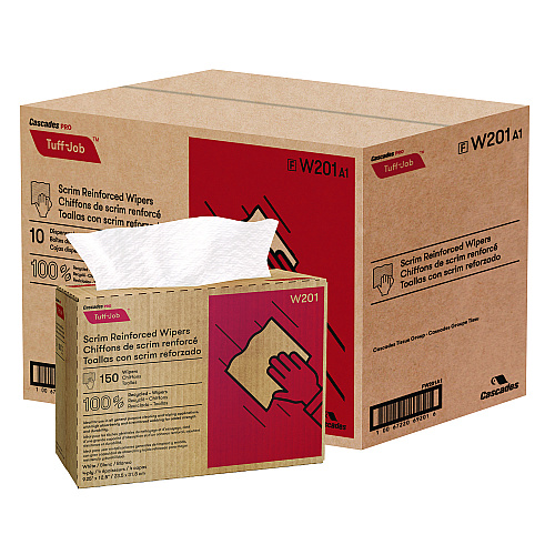 Cascades Tuff-Job Scrim Reinforced Wipers, 4-Ply, 9.25 x 12.5, White, 150/Box, 10 Boxes/Carton (W201)