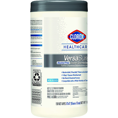 Clorox Healthcare VersaSure Cleaner Disinfectant Wipes, 1-Ply, 6.75 x 8, Fragranced, White, 150 Towels/Canister (31758EA)