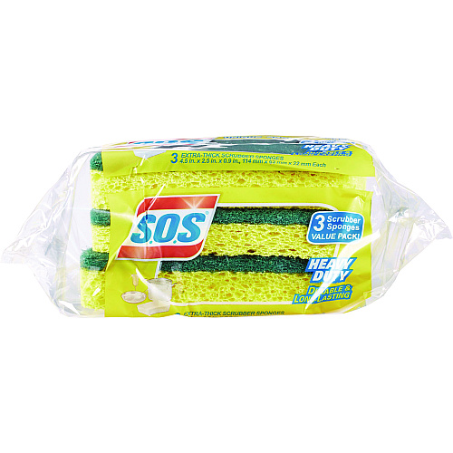 S.O.S. Heavy Duty Scrubber Sponge, 2.5 x 4.5, 0.9" Thick, Yellow/Green, 3/Pack, 8 Packs/Carton (91029CT)