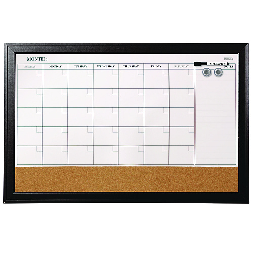 Quartet Magnetic Combination Dry Erase Calendar/Cork Board, 35 x 23, Tan/White Surface, Black Wood Frame (79284)