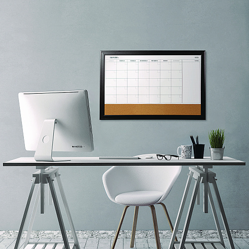 Quartet Magnetic Combination Dry Erase Calendar/Cork Board, 35 x 23, Tan/White Surface, Black Wood Frame (79284)