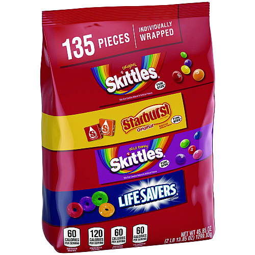 Mars Skittles, Starburst and Life Savers Fun Size Fruity Candy Assortment, 45.85 oz Bag, 135 Pieces, Individually Wrapped (29689)