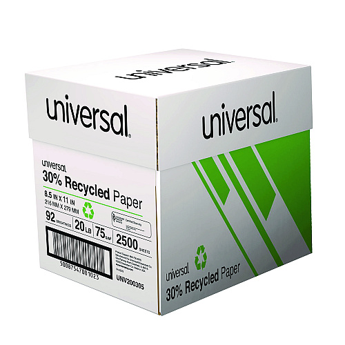 Universal 30% Recycled Copy Paper, 92 Bright, 20 lb Bond Weight, 8.5 x 11, White, 500 Sheets/Ream, 5 Reams/Carton (UNV200305)