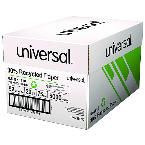 Universal 30% Recycled Copy Paper, 92 Bright, 20 lb Bond Weight, 8.5 x 11, White, 500 Sheets/Ream, 10 Reams/Carton (UNV20030)