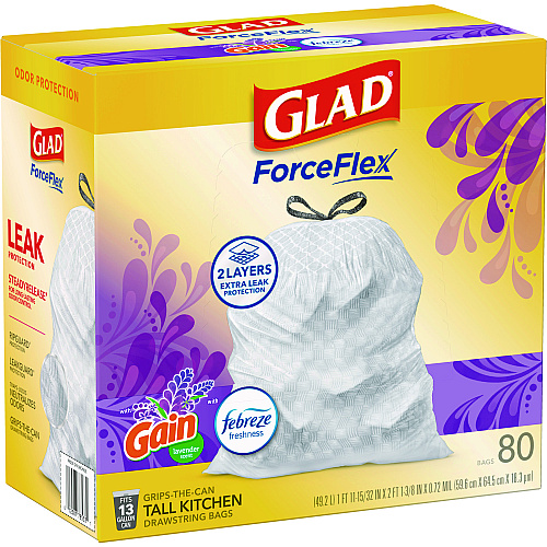 Glad ForceFlex Kitchen Drawstring Trash Bags, 13 gal, Lavender Breeze Scent, 24" x 27.38", White, 80/Box (78902BX)