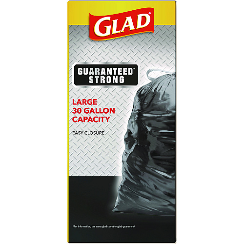 Glad Guaranteed Strong Large Drawstring Trash Bags, Three-Ply, 30 gal, 1.05 mil, 30" x 33", Black, 15 Bags/Box, 6 Boxes/Carton (78966)