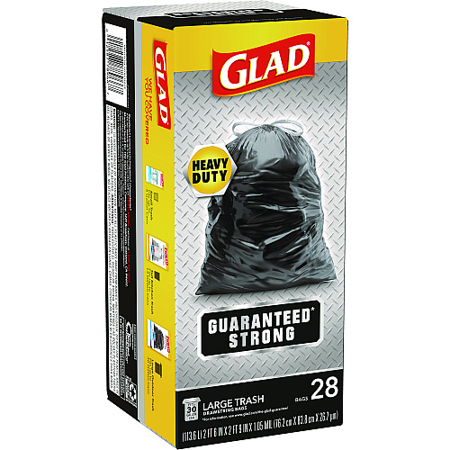 Glad Guaranteed Strong Large Drawstring Trash Bags, Three-Ply, 30 gal, 1.05 mil, 30" x 33", Black, 15 Bags/Box, 6 Boxes/Carton (78966)
