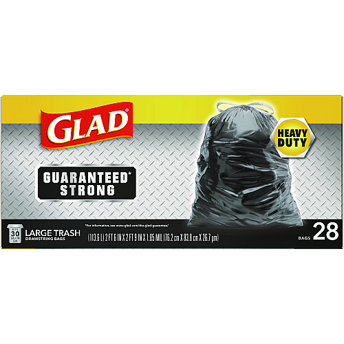 Glad Guaranteed Strong Large Drawstring Trash Bags, Three-Ply, 30 gal, 1.05 mil, 30" x 33", Black, 15/Box (78966BX)