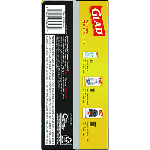 Glad Guaranteed Strong Large Drawstring Trash Bags, Three-Ply, 30 gal, 1.05 mil, 30" x 33", Black, 15/Box (78966BX)