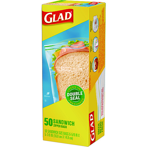 Glad Zipper Food Storage Sandwich Bags, 6.63" x 9.88" x 8", Clear, 600/Carton (57263)