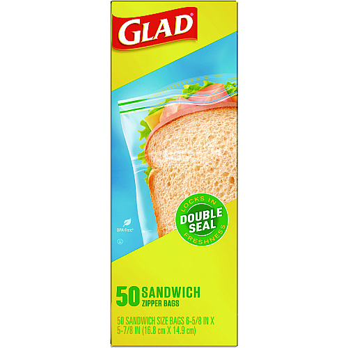 Glad Zipper Food Storage Sandwich Bags, 6.63" x 9.88" x 8", Clear, 600/Carton (57263)