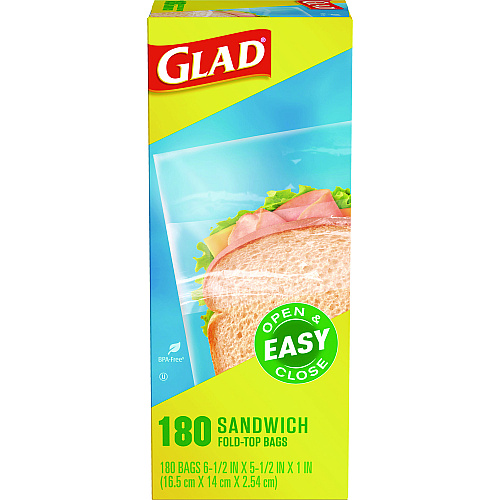 Glad Fold Top Food Storage Sandwich Bags, 6.5" x 5.5", Clear, 2,160/Carton (60771)