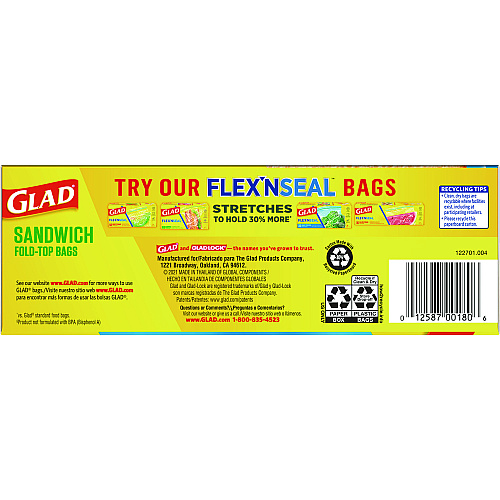 Glad Fold Top Food Storage Sandwich Bags, 6.5" x 5.5", Clear, 2,160/Carton (60771)