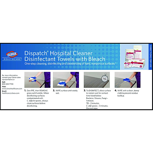 Clorox Healthcare Dispatch Cleaner Disinfectant Towels, 1-Ply, 6.75 x 8, Unscented, White, 150/Canister, 8 Canisters/Carton (69150)