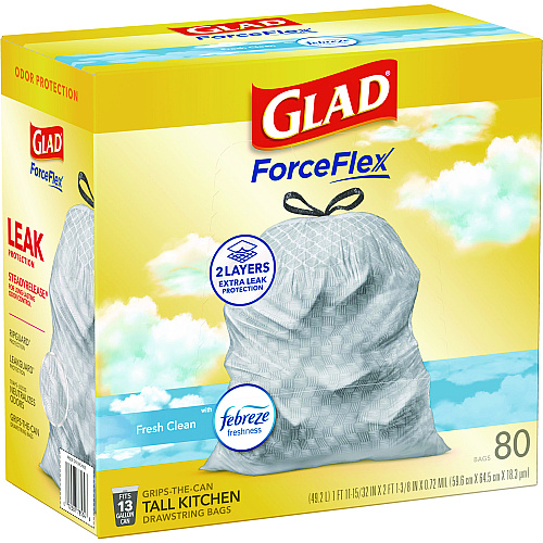 Glad ForceFlex Kitchen Drawstring Trash Bags, 13 gal, Fresh Clean Scent, 24" x 27.38", White, 80/Box (78899BX)