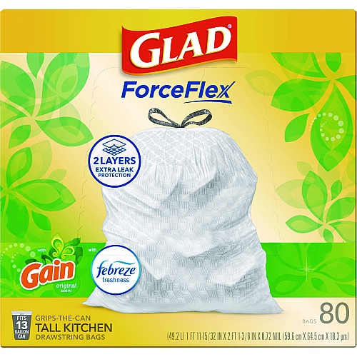 Glad ForceFlex Kitchen Drawstring Trash Bags, 13 gal, Gain Original Scent, 24" x 27.38", White, 80 Bags/Box, 3 Boxes/Carton (78900)