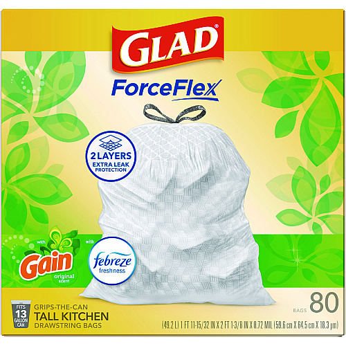 Glad ForceFlex Kitchen Drawstring Trash Bags, 13 gal, Gain Original Scent, 24" x 27.38", White, 80 Bags/Box, 3 Boxes/Carton (78900)