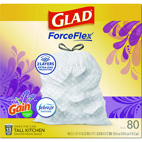 Glad ForceFlex Kitchen Drawstring Trash Bags, 13 gal, Lavender Breeze Scent, 24" x 27.38", White, 80 Bags/BX, 3 BX/CT (78902)