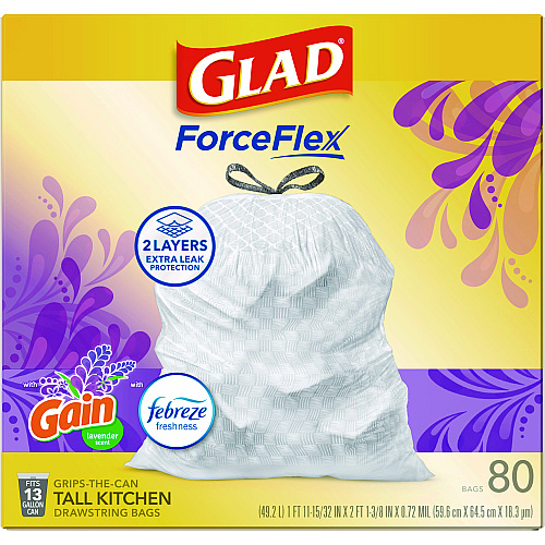 Glad ForceFlex Kitchen Drawstring Trash Bags, 13 gal, Lavender Breeze Scent, 24" x 27.38", White, 80/Box (78902BX)