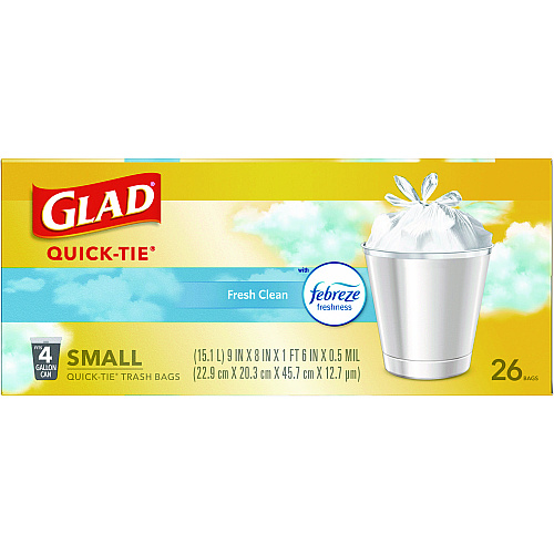 Glad OdorShield Quick-Tie Small Trash Bags, Tie-Flap, 4 gal, Fresh Clean Scent, 8" x 18", White, 26 Bags/Box, 6 Boxes/Carton (78812)